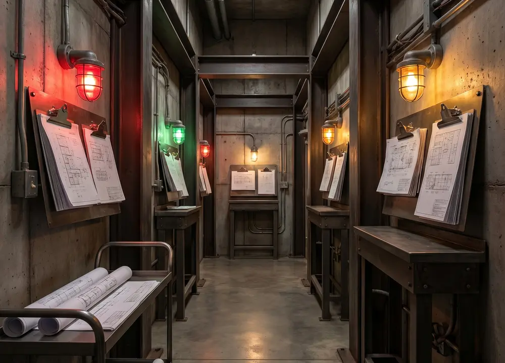 A narrow implementation corridor lined with document stations