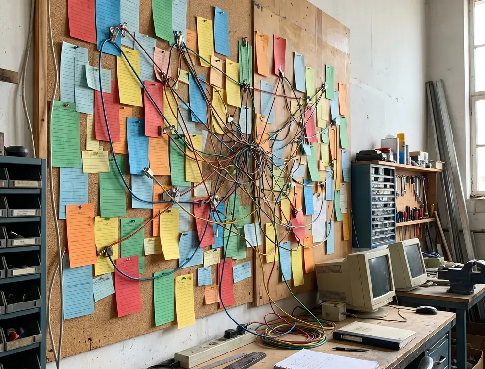 A wall of documentation maintenance tickets and colored review slips